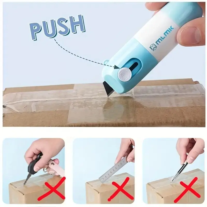 Cúter de seguridad azul y blanco cortando cinta de embalaje sobre caja, con miniaturas abajo descartando otras herramientas