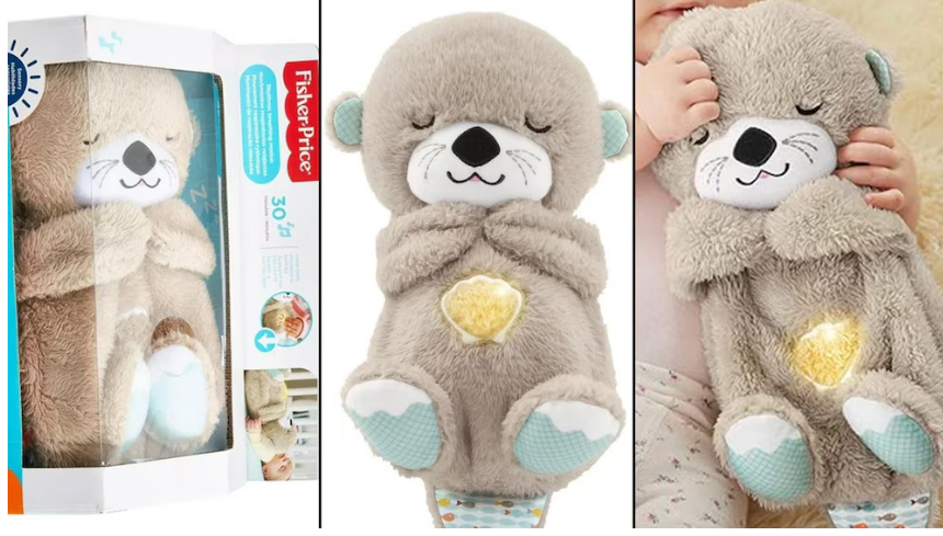 Peluche de nutria beige con ojos cerrados, vientre iluminado con luz tenue tipo concha y textura suave, mostrado en su caja y en uso.