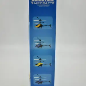 Empaque azul de helicóptero a control remoto Induction Aircraft con modelos ilustrados en colores amarillo y azul.