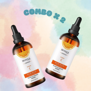 Set de dos serums faciales Bioaqua Vitamina C en frascos ámbar con gotero y diseño de naranja sobre fondo de colores pastel.
