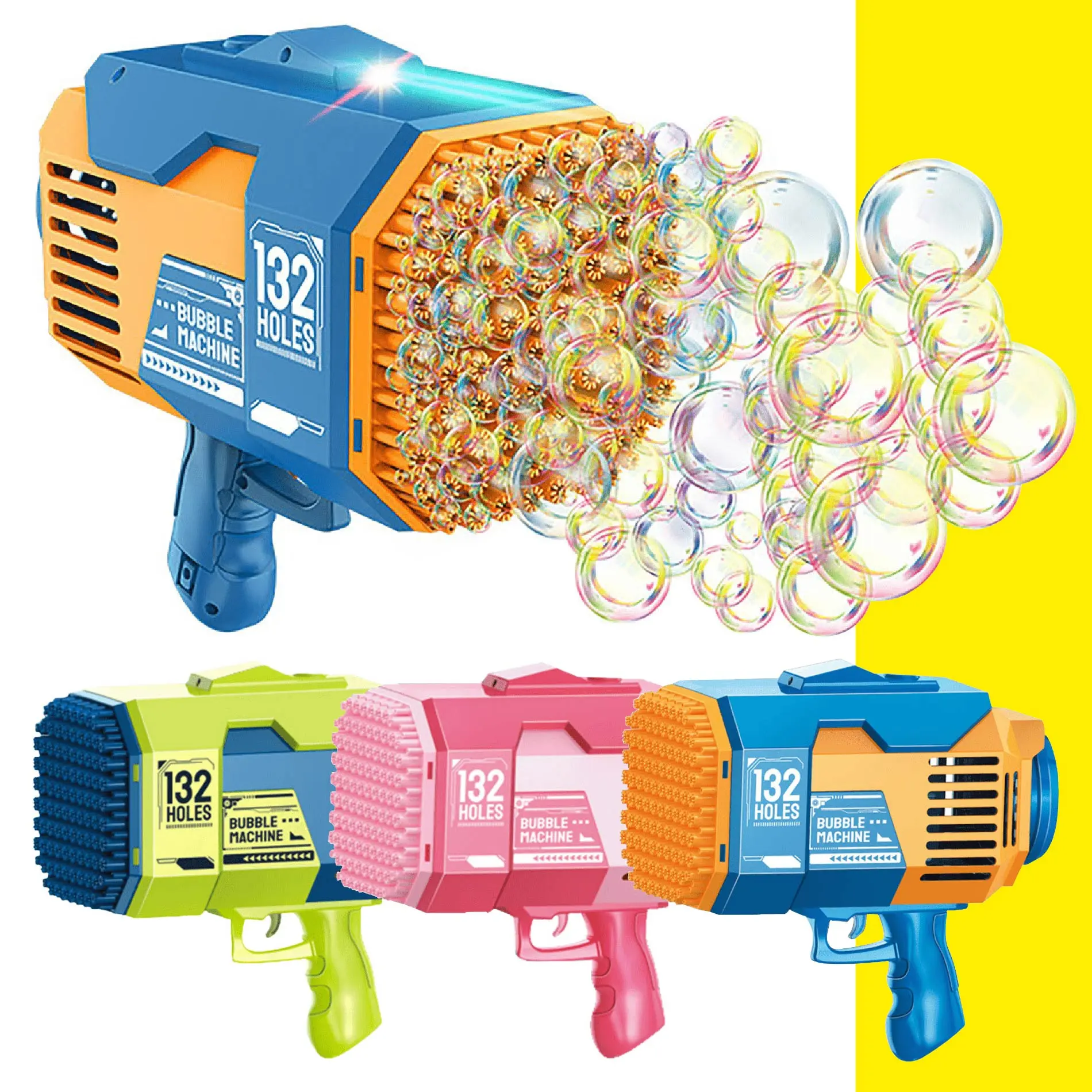 Bazooka de burbujas eléctrica azul y naranja de 132 agujeros disparando cientos de burbujas, con tres variantes adicionales en verde, rosa y azul.