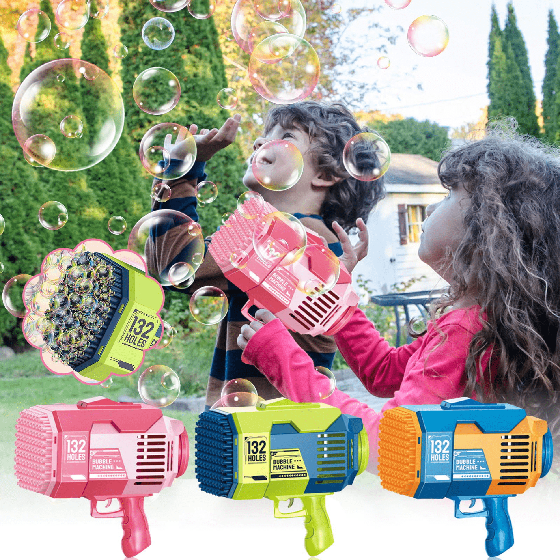 Niños usando bazookas de burbujas eléctricas de 132 agujeros en color rosa, verde y azul con batería recargable, lanzando cientos de burbujas en el jardín.