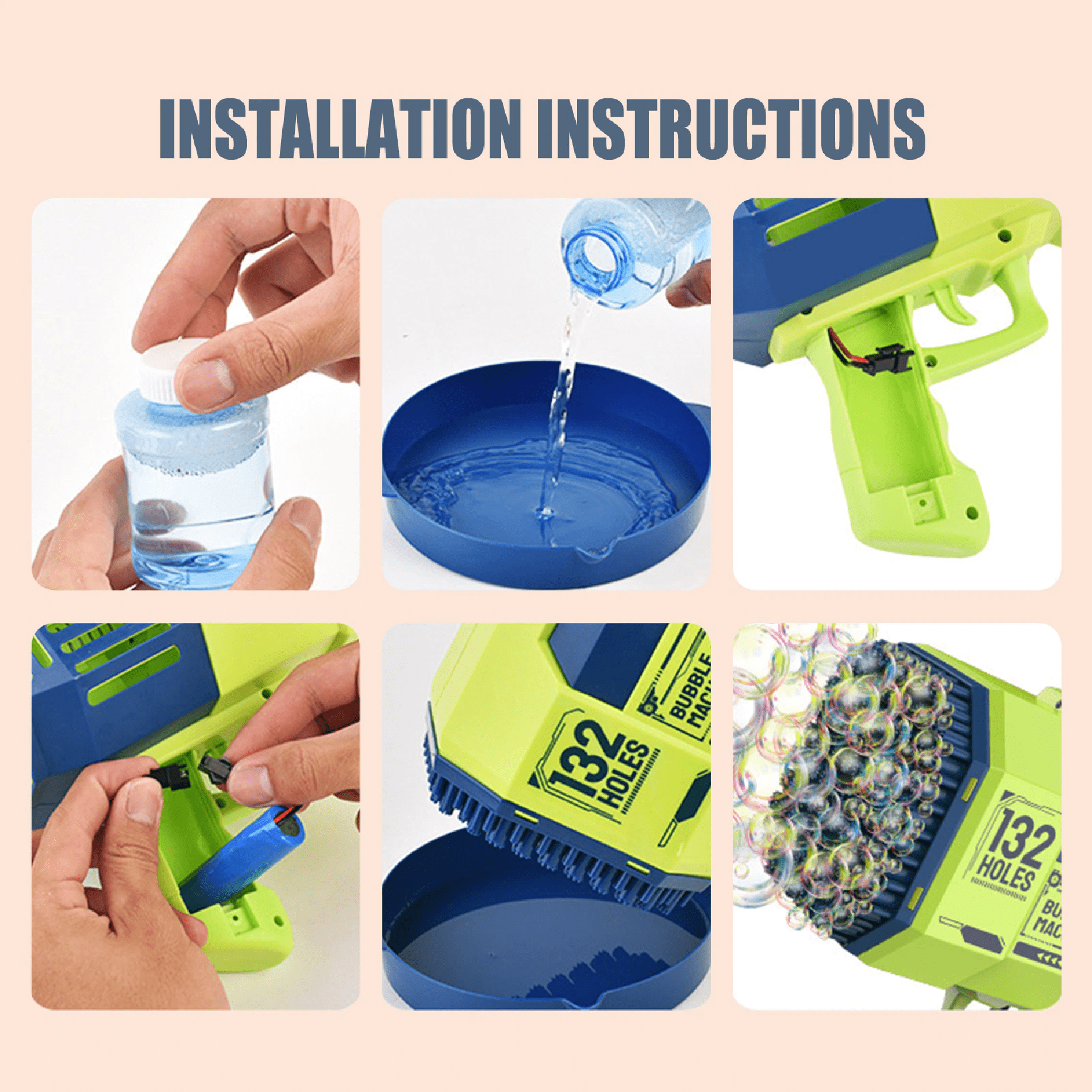 Instrucciones paso a paso para armar bazooka verde y azul de 132 agujeros, con batería recargable, platillo y líquido para burbujas.