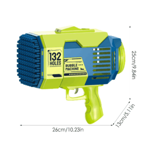 Pistola lanzador de burbujas eléctrica azul y verde de 132 agujeros, 26 cm de largo por 25 cm de alto, con diseño futurista y gatillo.