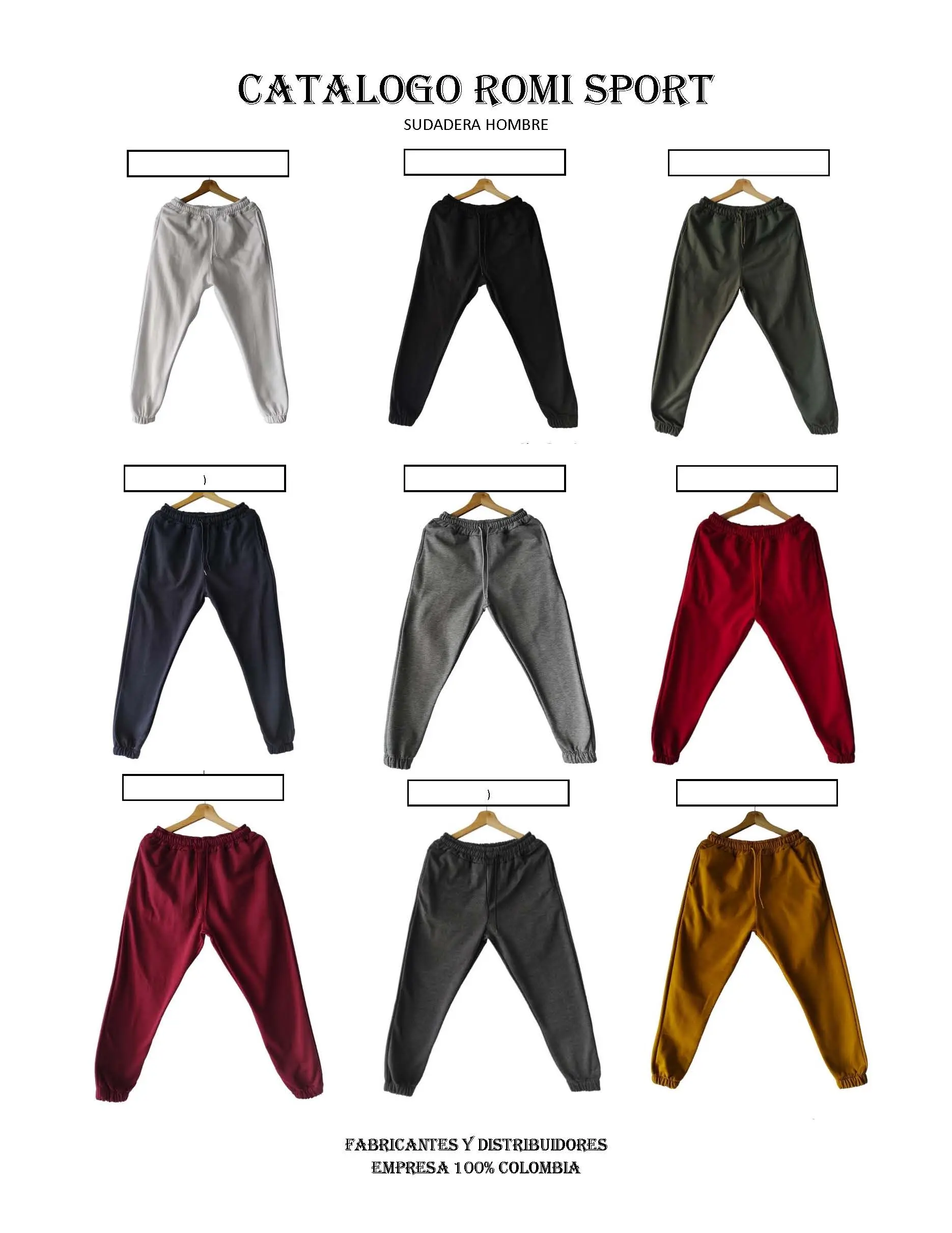 Catálogo de sudaderas para hombre en algodón suave, disponibles en nueve colores sólidos con bolsillos, corte deportivo y ajuste elástico en tobillos.