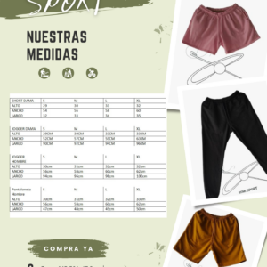Tabla de medidas de jogger y pantaloneta para hombre y mujer en tallas S a XL, acompañada de fotos de prendas deportivas.
