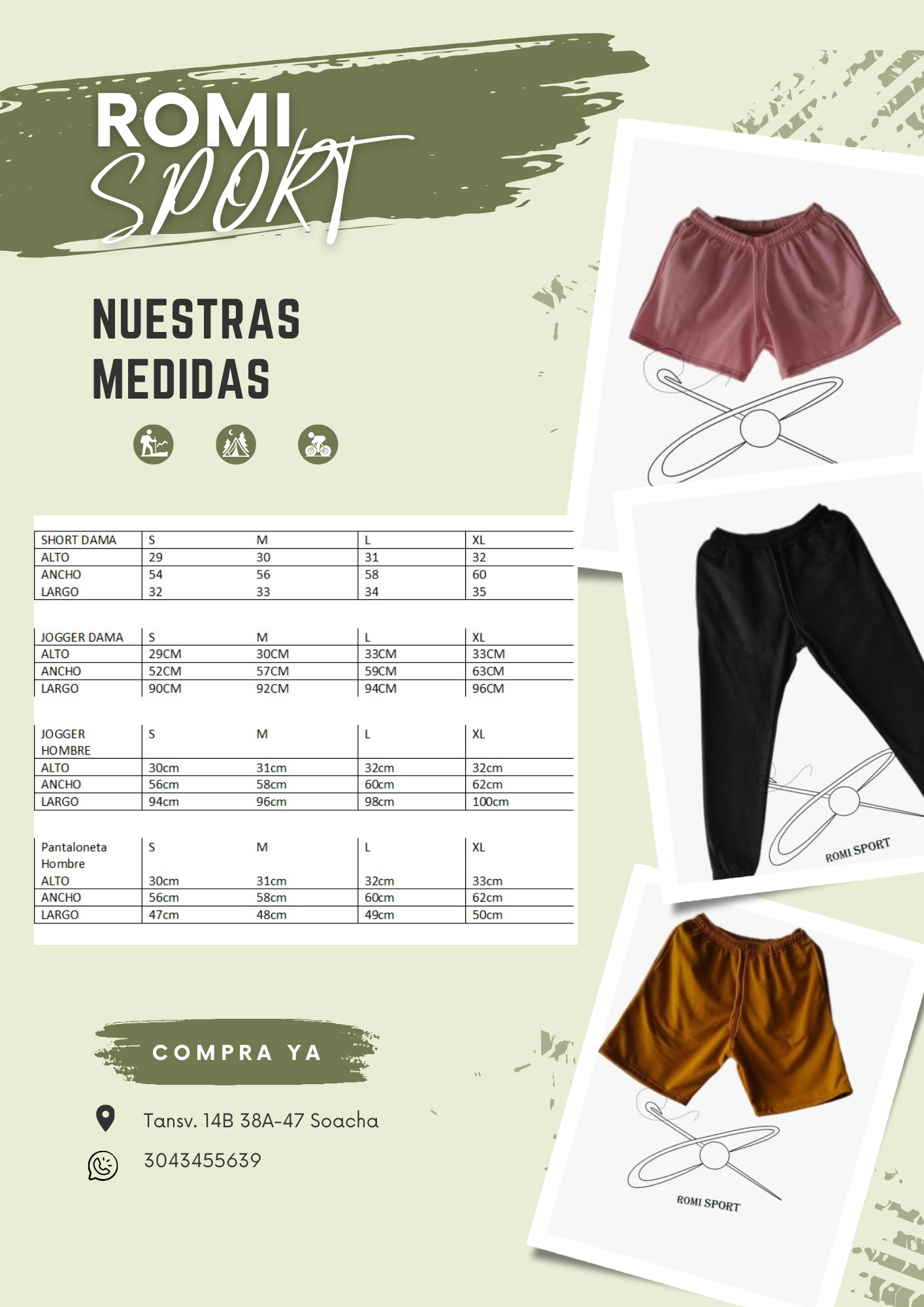 Tabla de medidas de jogger y pantaloneta para hombre y mujer en tallas S a XL, acompañada de fotos de prendas deportivas.
