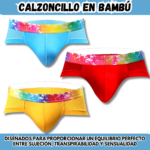 Tres calzoncillos de bambú en azul, rojo y amarillo con pretina multicolor y costados de malla transpirable para mayor frescura.