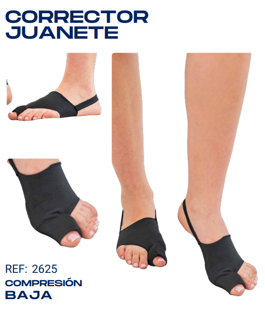 Vista frontal del empaque y diseño del corrector de juanetes para uso diario con calzado