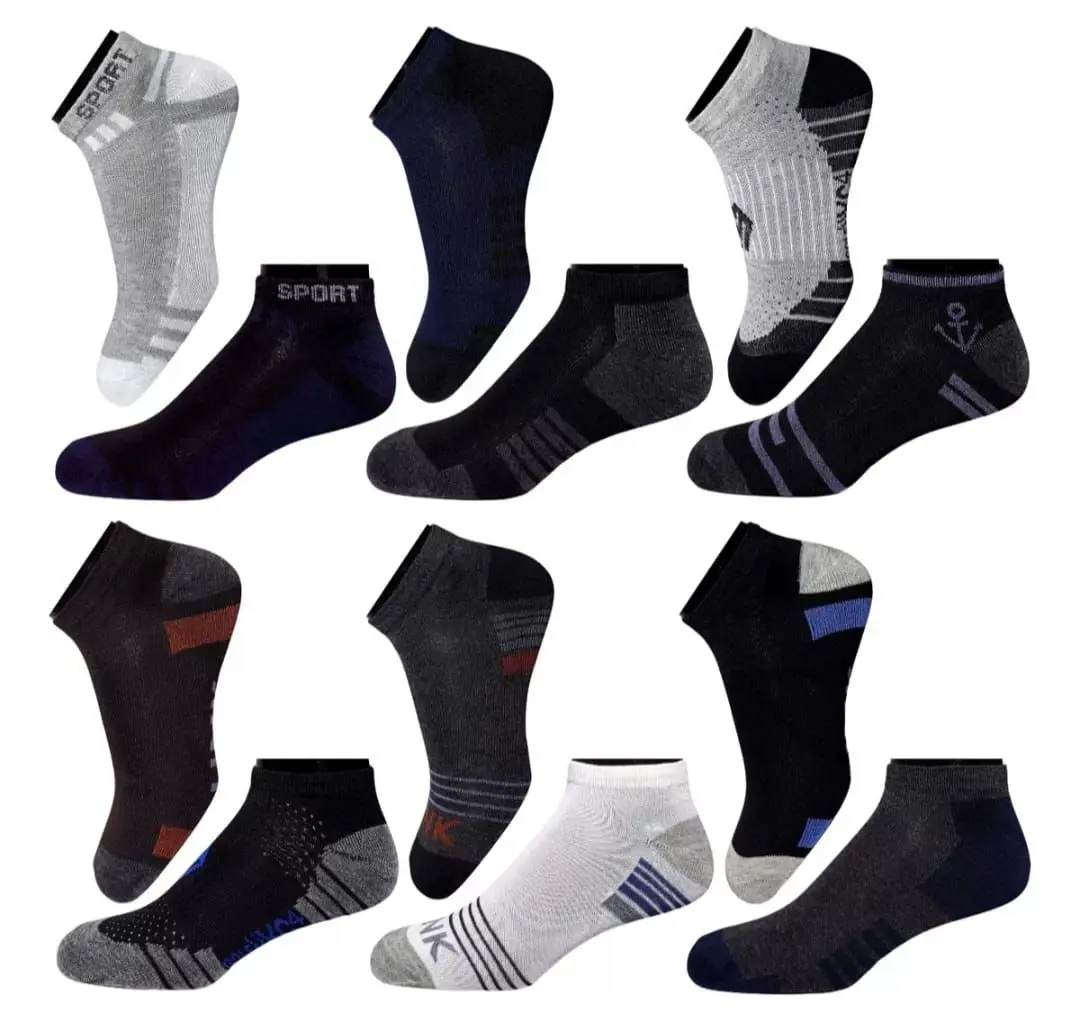 Set de 12 pares de medias tobilleras deportivas en variados diseños, colores y texturas para dama y caballero.