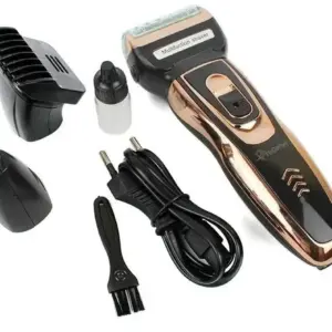 Afeitadora eléctrica multifunción negra con detalles en tono oro rosa, acompañada de cabezal recortador de barba, accesorio para nariz, cable de carga, cepillo de limpieza y frasco de aceite lubricante sobre fondo blanco.