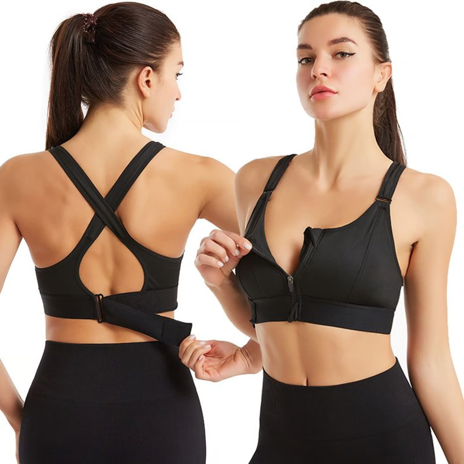 Top deportivo negro con cierre frontal y espalda de tirantes cruzados ajustables. Muestra vistas frontal y posterior del producto.