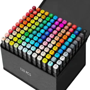 Set de 120 plumones de doble punta organizados en estuche negro, con tapas numeradas de colores variados para dibujo artístico e profesional.