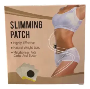 Caja beige de parches adelgazantes para ombligo con silueta de mujer y tres parches cuadrados con centro negro oscuro visibles abajo.