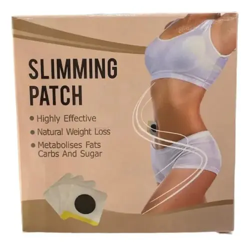 Caja beige de parches adelgazantes para ombligo con silueta de mujer y tres parches cuadrados con centro negro oscuro visibles abajo.