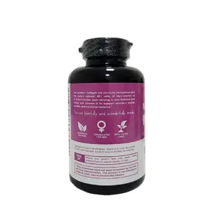 Frasco negro con etiqueta rosa y tapa con sello de seguridad, que contiene cápsulas blandas de inositol con proporción 40 a 1 y folato.