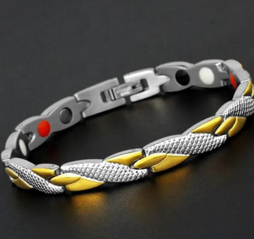 Pulsera Biomagnética Bicolor Plateada y Dorada para Hombre y Mujer - Potencia tu bienestar diario con estilo elegante