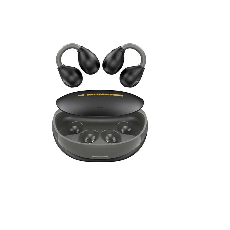 Audífonos inalámbricos Monster Ac500 de conducción ósea negros con estuche ovalado abierto, logo dorado y auriculares sobre el estuche.