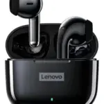 Auriculares inalámbricos Lenovo LP40 Pro negros con estuche de carga abierto y audífonos brillantes en posición vertical