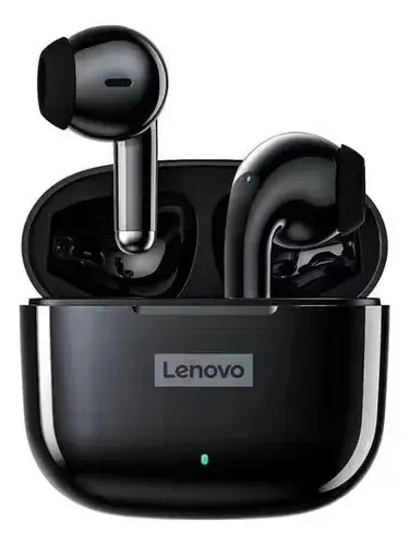 Auriculares inalámbricos Lenovo LP40 Pro negros con estuche de carga abierto y audífonos brillantes en posición vertical