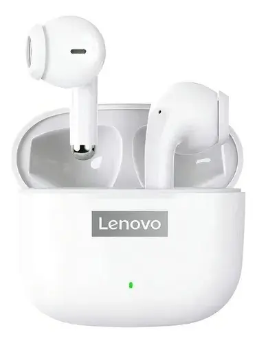 Auriculares inalámbricos Lenovo blancos en estuche de carga abierto con indicador LED verde frontal y marca gris.