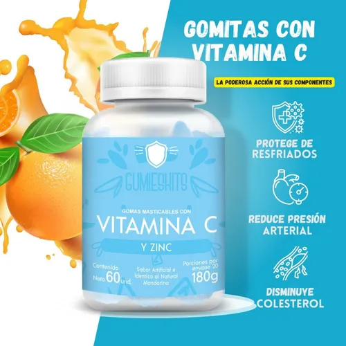 Frasco blanco de gomas masticables de Vitamina C con Zinc sabor mandarina, 180 gramos y 60 unidades, acompañado de naranjas frescas y salpicaduras.