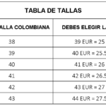 Tabla de tallas para calzado: relaciona tallas colombianas de 38 a 43 con equivalencias en tallas europeas y centímetros, desde 39 EUR hasta 44 EUR.