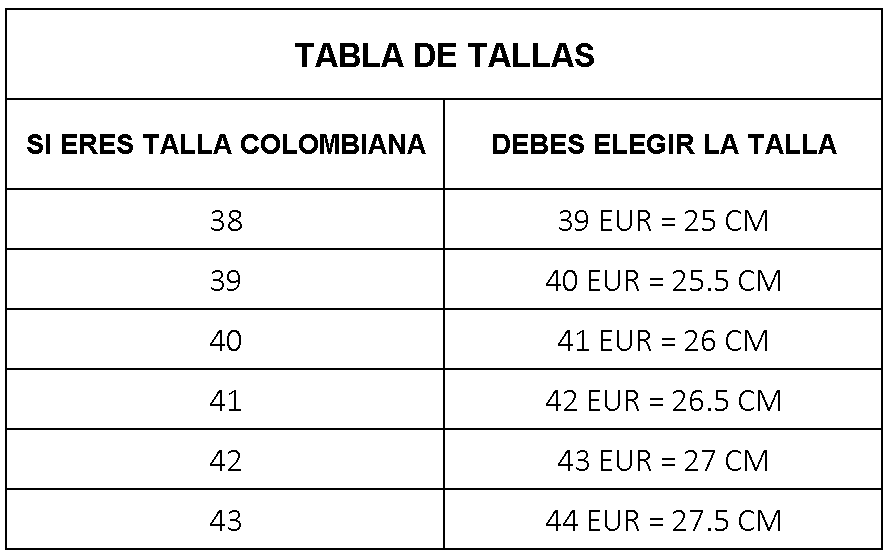Tabla de tallas para calzado: relaciona tallas colombianas de 38 a 43 con equivalencias en tallas europeas y centímetros, desde 39 EUR hasta 44 EUR.