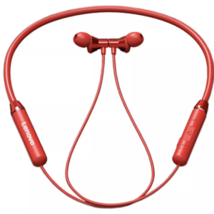 Audífonos inalámbricos Lenovo HE05 color rojo con banda para el cuello, controles de reproducción y auriculares in-ear sobre fondo blanco.