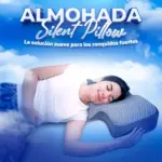Almohada ergonómica gris de espuma con diseño contorneado para aliviar ronquidos, mostrada con una mujer durmiendo de lado.