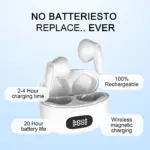 Par de audífonos amplificadores de sonido blancos tipo AirPods con estuche de carga digital y cuatro burbujas informativas de características técnicas.