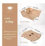 Canasta organizadora plegable beige de plástico PP para cocina, con perforaciones, peso de 0,2 kg y dimensiones de 22,5x21x10 cm abierta y 20,5x16,3x1,5 cm plegada.