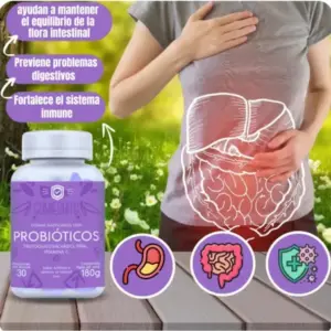 Frasco morado de gomas con probióticos, piña y vitamina C, junto a una mujer tocando su abdomen en un prado verde y verde claro.