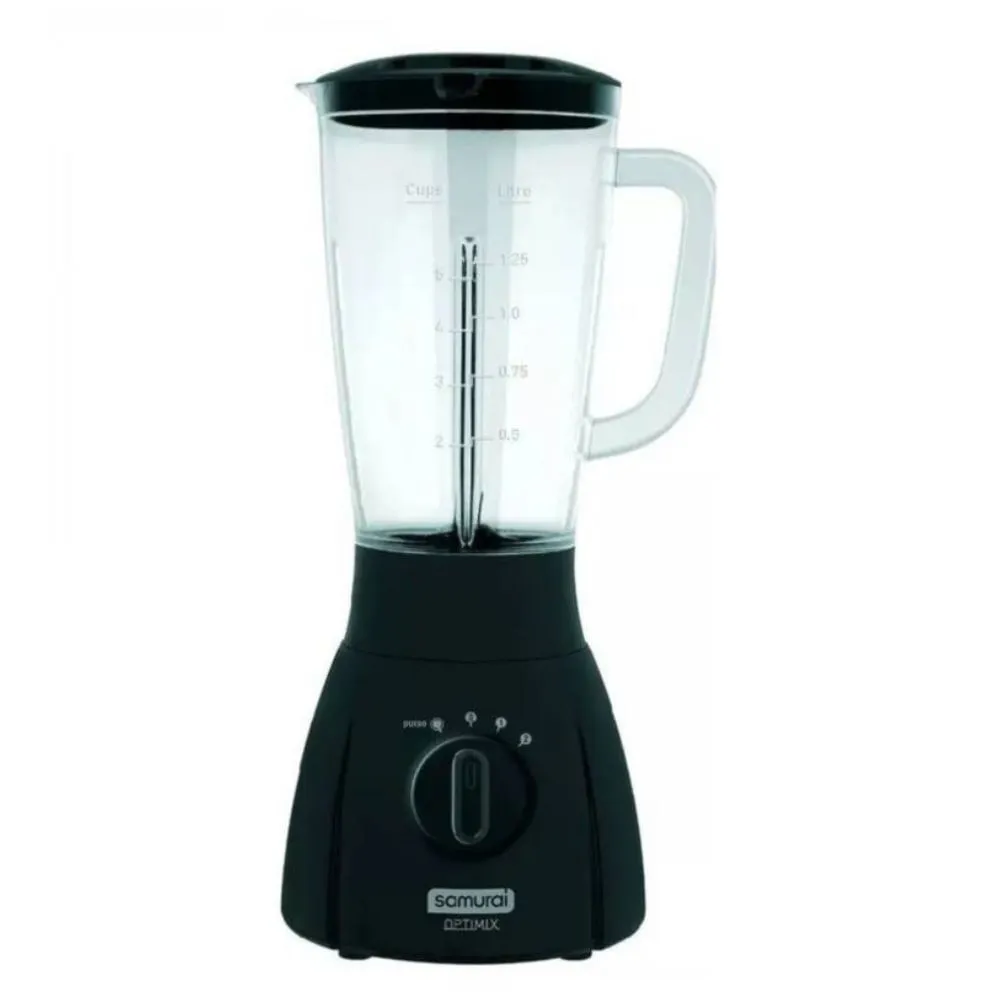 Licuadora Samurai Optimix Plus negra con vaso transparente de 2 litros graduado, tapa negra y perilla de control de velocidad frontal.