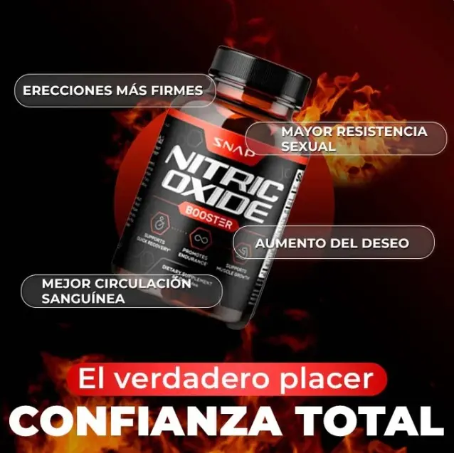 Frasco negro con etiqueta roja de Óxido Nítrico booster rodeado de fuego, con textos flotantes sobre beneficios para la circulación y resistencia sexual.