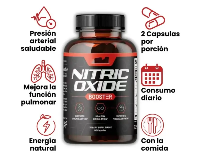 Frasco ámbar con tapa negra de óxido nítrico en cápsulas, rodeado de iconos rojos sobre beneficios de salud, energía y circulación.