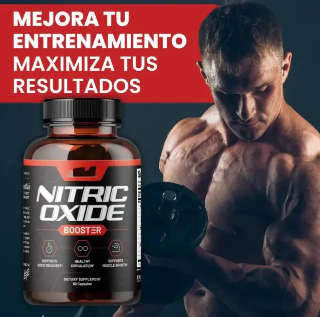 Frasco ámbar de óxido nítrico potenciador de fuerza con etiqueta negra y roja, acompañado de un hombre musculoso levantando una mancuerna.