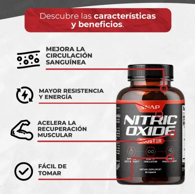 Frasco marrón de óxido nítrico en cápsulas con etiqueta negra y roja, acompañado de cuatro iconos explicativos sobre beneficios de circulación y energía.