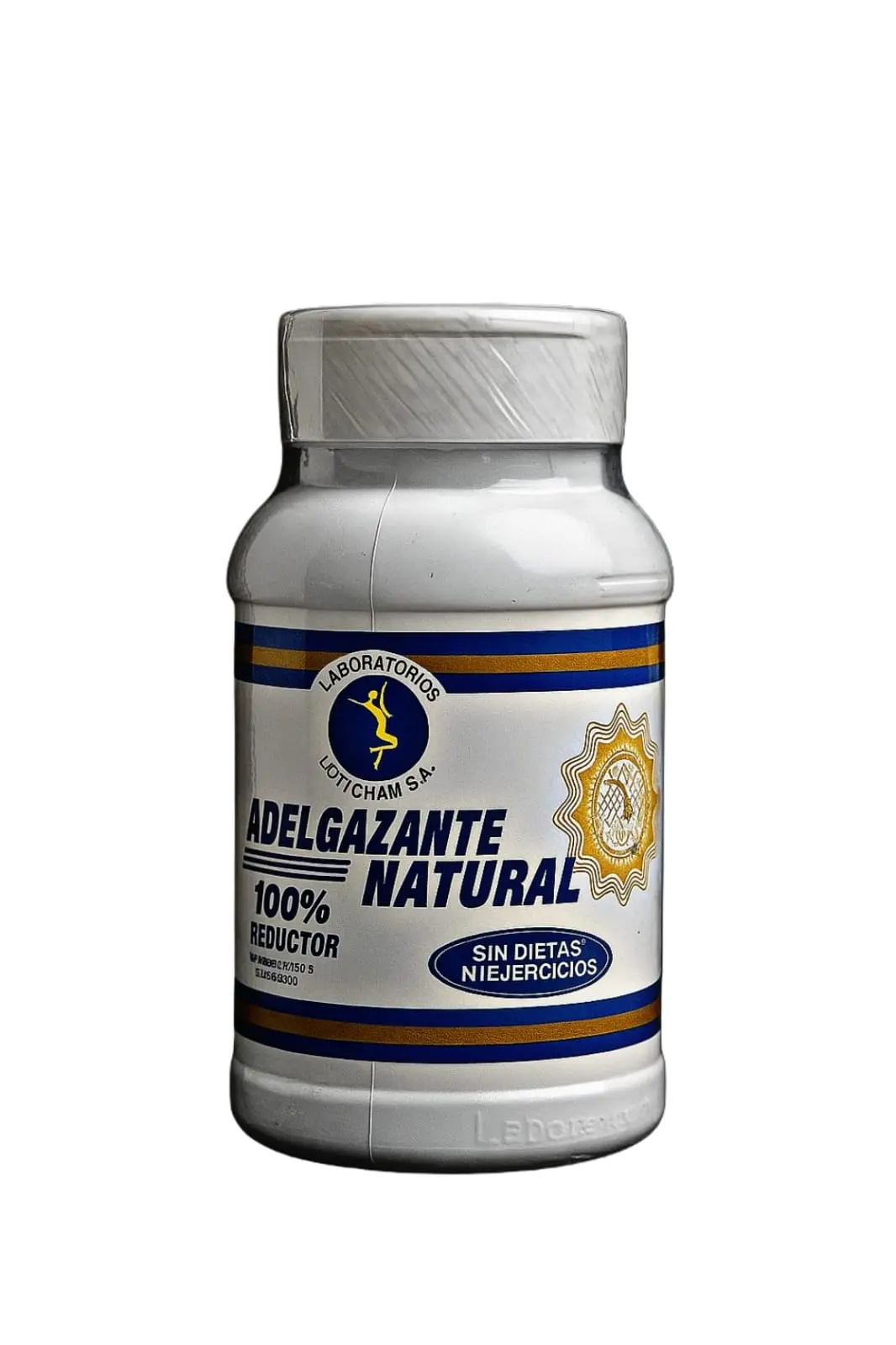 Frasco blanco de plástico con tapa sellada y etiqueta azul y dorada que dice Adelgazante Natural 100% Reductor.