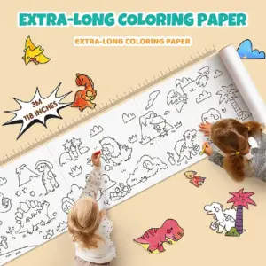 Rollo de papel para colorear de 3 metros y 118 pulgadas con diseños de dinosaurios, utilizado por dos niños dibujando en el suelo.