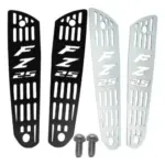 Par de protectores laterales de acero inoxidable para Yamaha FZ 25 en acabado negro y plateado con tornillos de montaje.