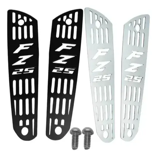 Par de protectores laterales de acero inoxidable para Yamaha FZ 25 en acabado negro y plateado con tornillos de montaje.