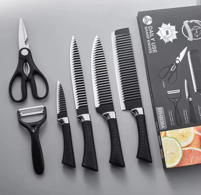 Set Cuchillos de Cocina X6 con Tijeras Multifuncionales - Prepara carnes y vegetales con máxima precisión