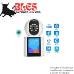 Cámara de seguridad WiFi blanca con pantalla táctil, visión de 360 grados, app iCSee y funciones inteligentes para el hogar.