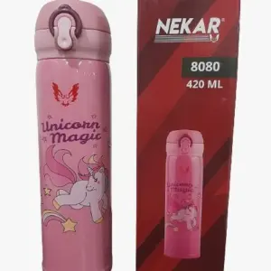 Termo rosado de acero inoxidable con diseño de unicornio, capacidad de 420 ml y caja de presentación al lado.