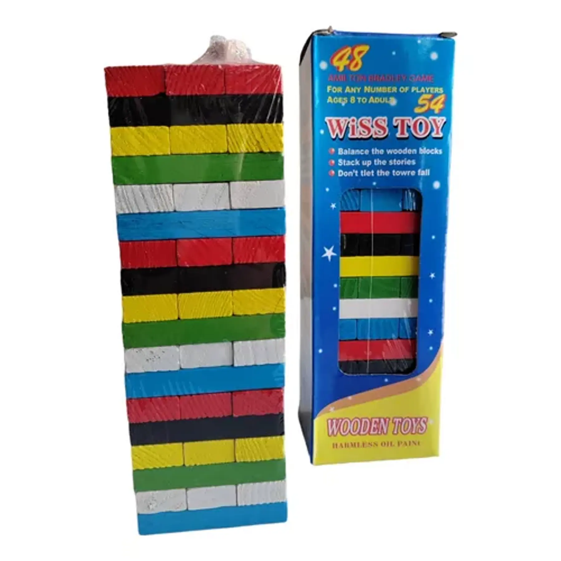 Torre de bloques de madera de colores rojo, negro, amarillo, verde, blanco y azul junto a su caja azul de Wiss Toy con 48 piezas.