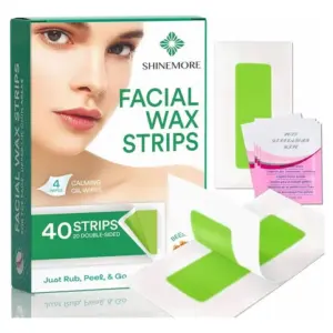 Caja verde de ShineMore con 40 tiras de cera facial, toallitas de aceite rosa y tiras blancas con centro verde para depilación.