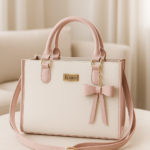 Bolso coquette sintético color marfil y rosa con lazo decorativo colgante, asas rígidas, herrajes dorados y correa ajustable sobre mesa redonda.