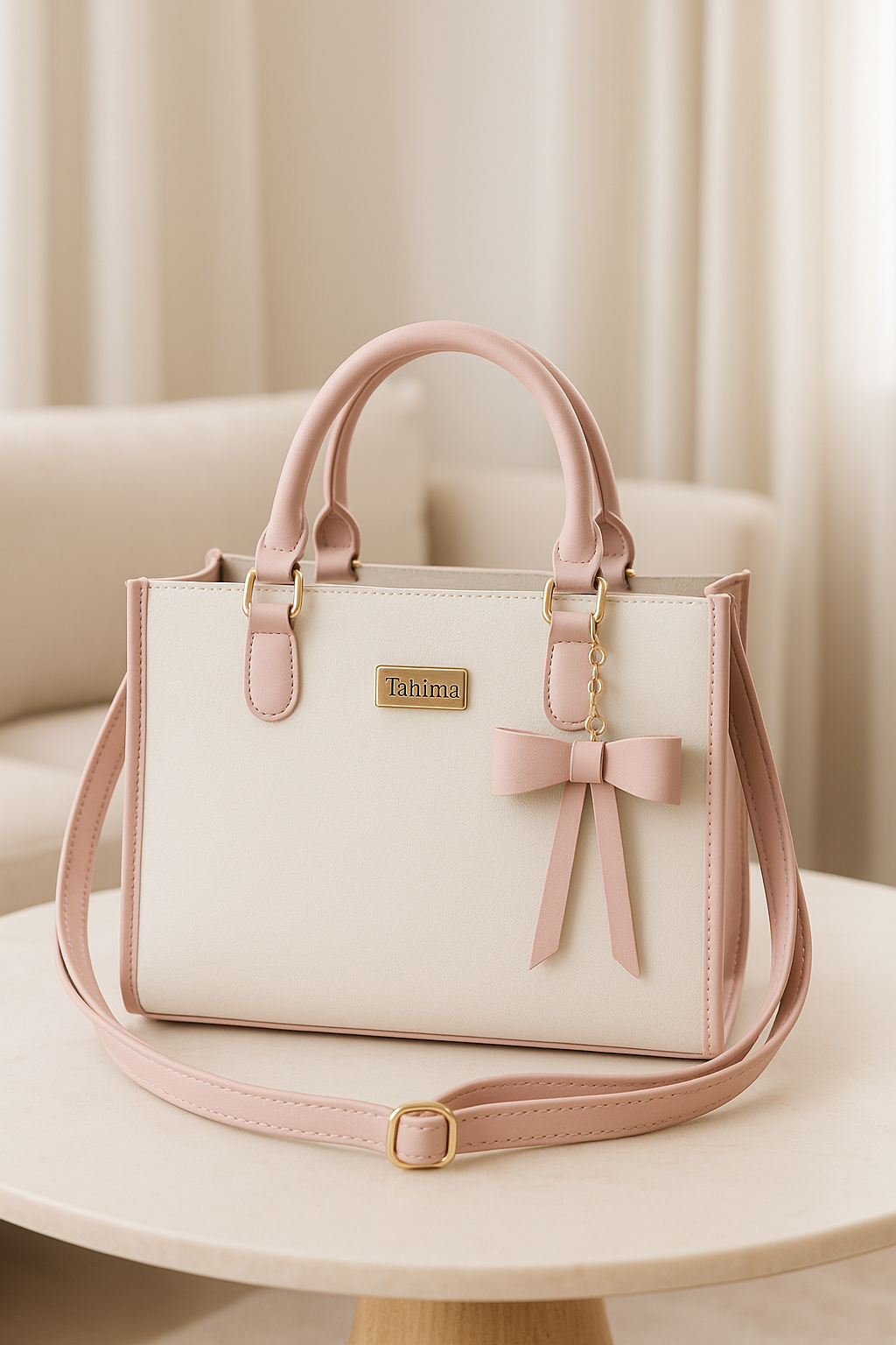 Bolso coquette sintético color marfil y rosa con lazo decorativo colgante, asas rígidas, herrajes dorados y correa ajustable sobre mesa redonda.