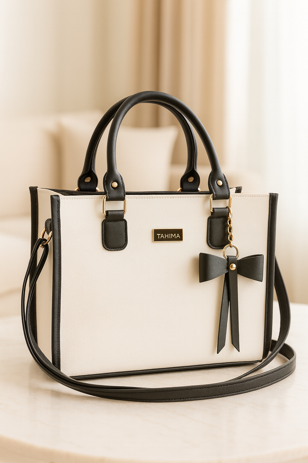 Bolso estructurado de cuero sintético blanco con detalles negros, herrajes dorados, placa con la marca Tahima, lazo decorativo colgante y correa larga ajustable.